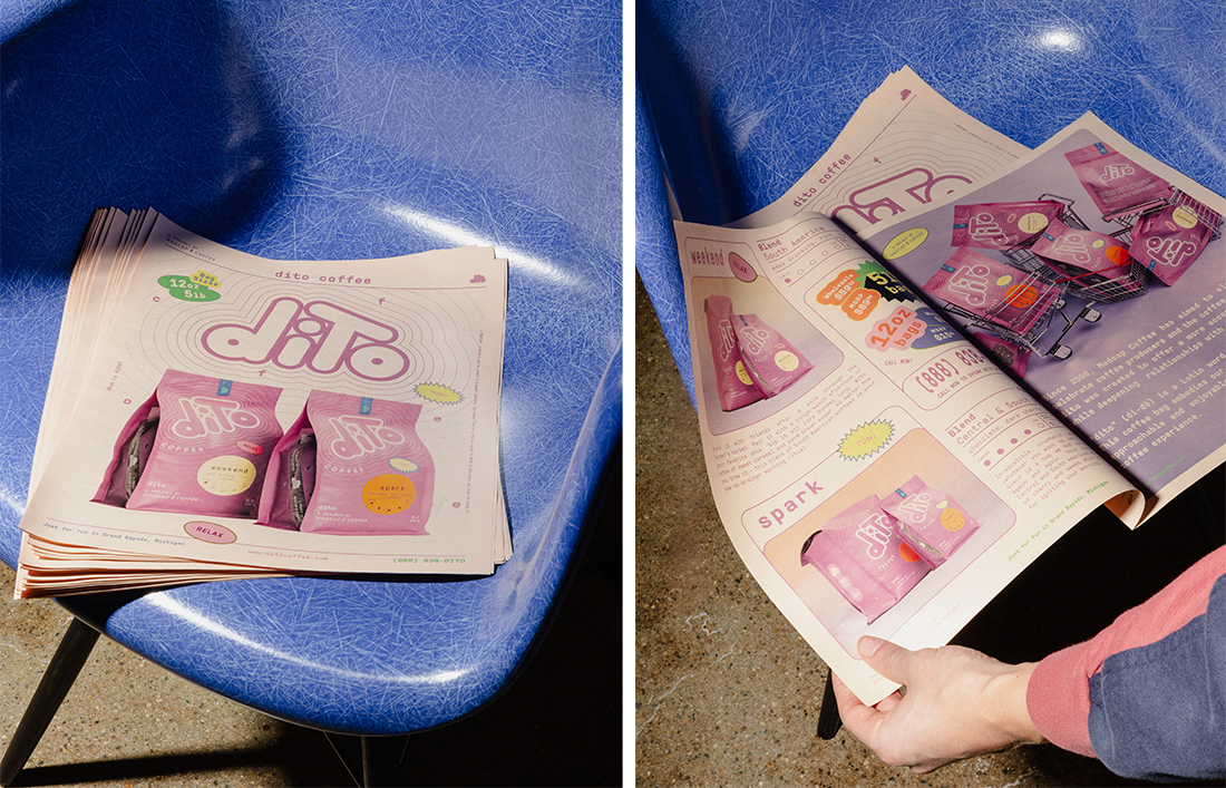 Split image of cover and inside spread from Dito coffee newspaper