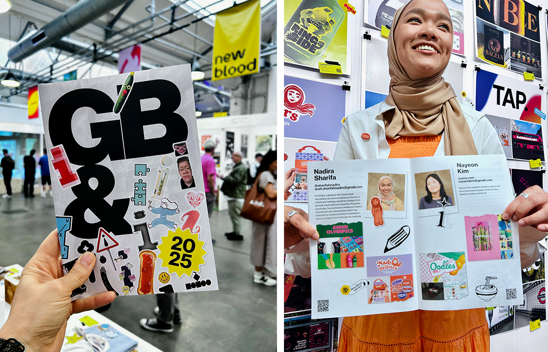 Split image showing LCC degree show newspaper at D&AD New Blood and student holding the zine