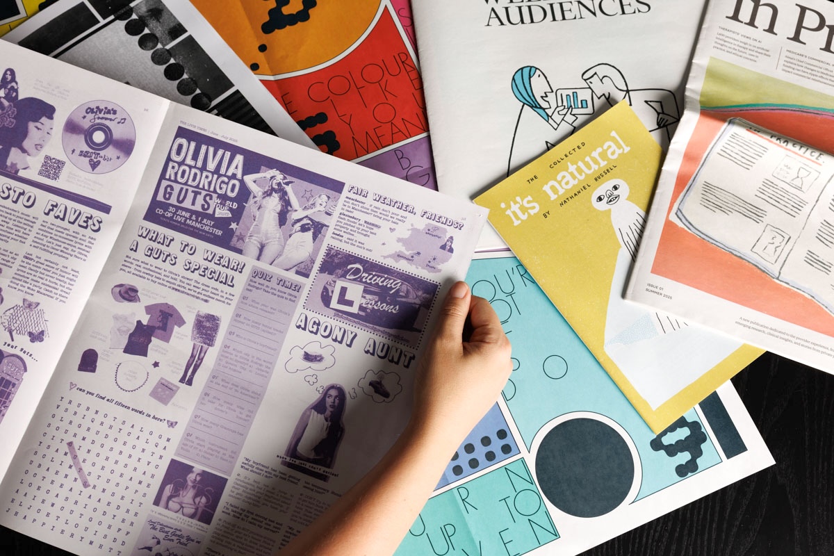 Mix of covers and spreads from Newspaper Club's August 2025 print roundup