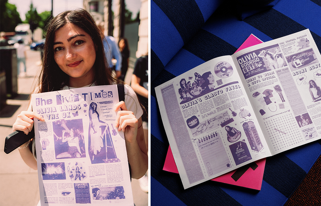 Split image of fan holding Olivia Rodrigo newspaper and an inside spread