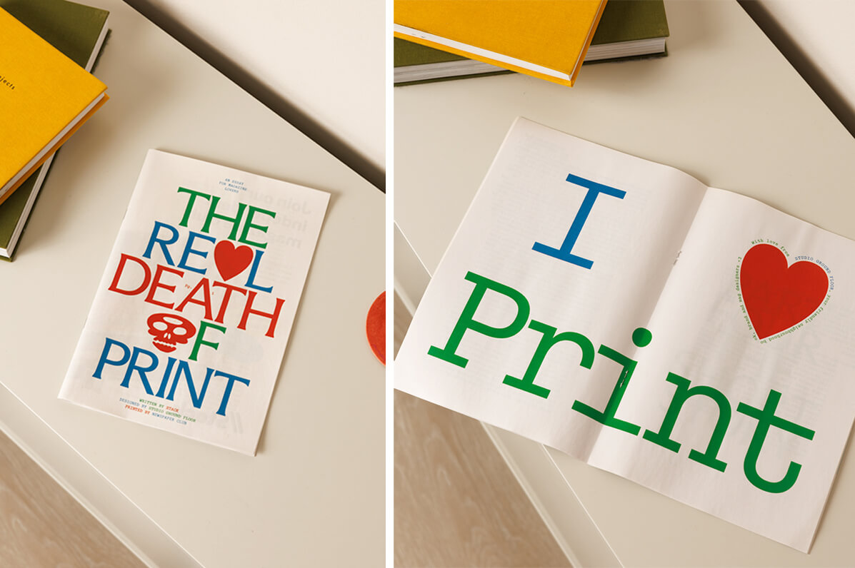 Two views of a mini newspaper. Left: colourful cover. Right: inside spread with “I ❤️ Print” in large text.