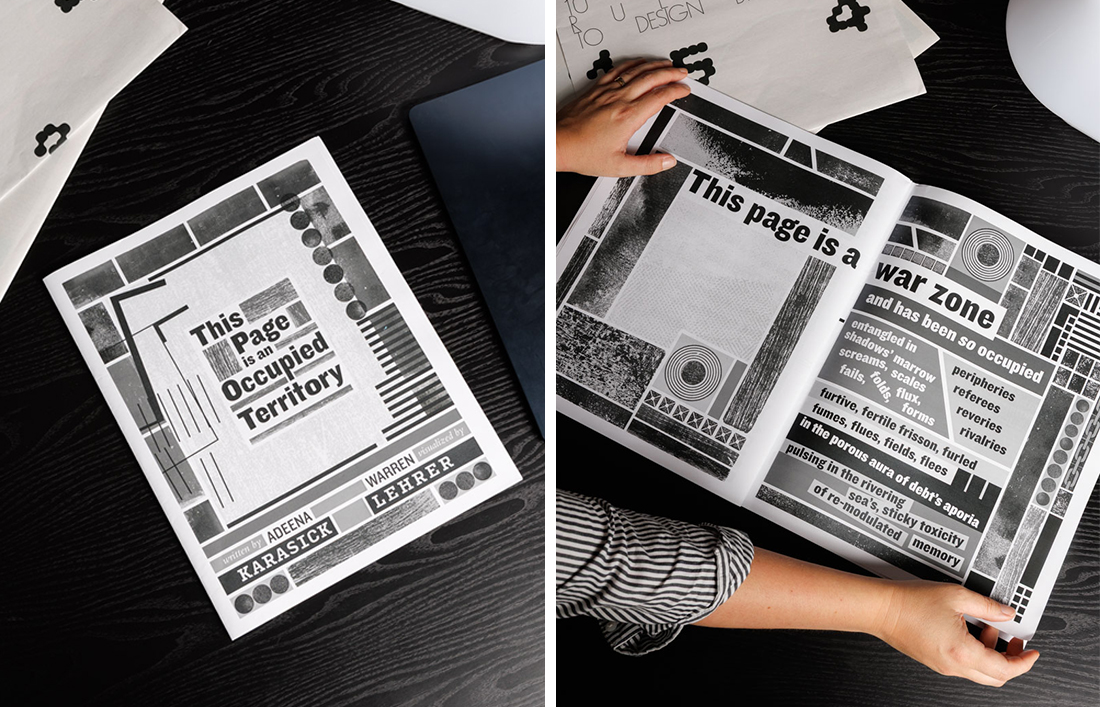 Split image showing cover of This Page is An Occupied Territory newspaper and inside spread