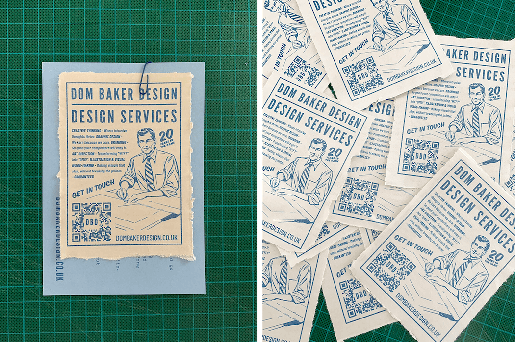 Two views of a retro-style newspaper ad. Left: clipped ad. Right: multiple torn-out copies on green cutting mat.