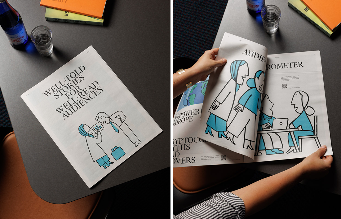 Split image showing cover and inside spread of FT Studio newspaper with text "Well-told stories for well-read audiences"