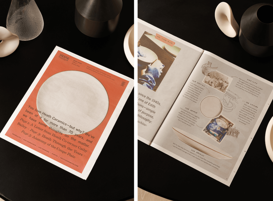 Two views of Heath’s zine. Left: cover with plate on pink. Right: inside spread with images and design notes.