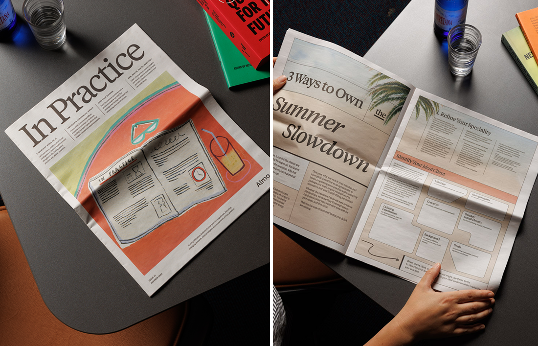 Split image showing the cover of Alma's tabloid with title In Practice and inside spread