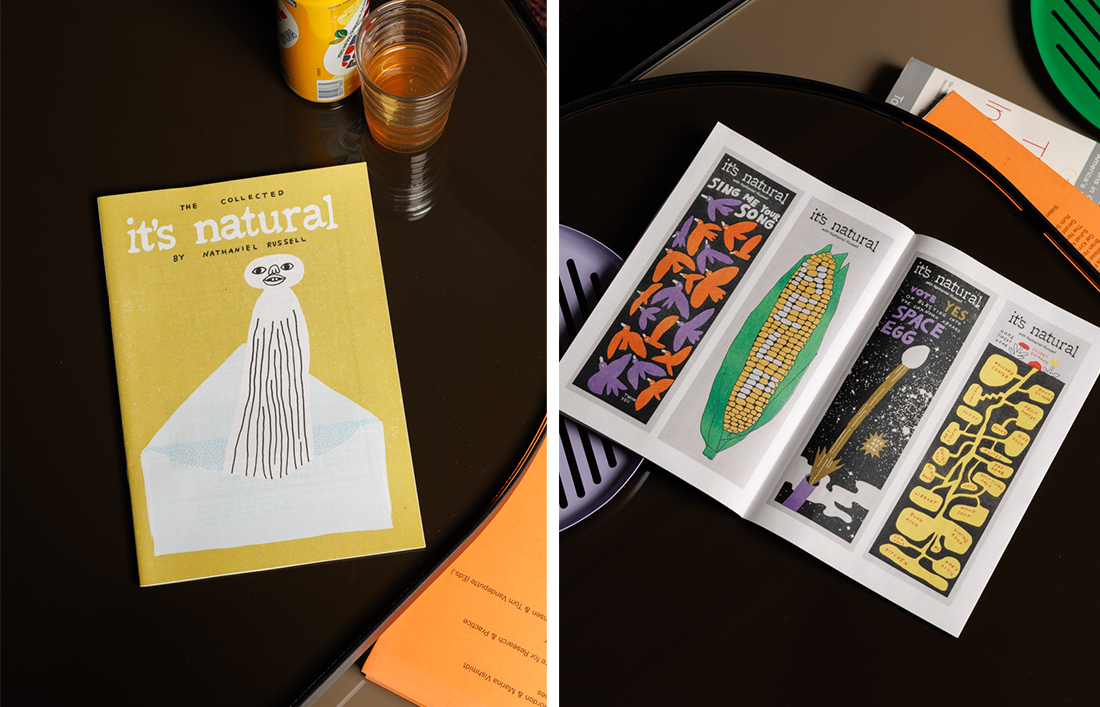 Split image showing cover of mini zine with It's Natural title and inside spread showing illustrations