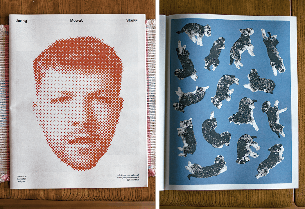 Two views of Jonny Mowat’s portfolio. Left: halftone portrait. Right: dog illustrations on blue background.