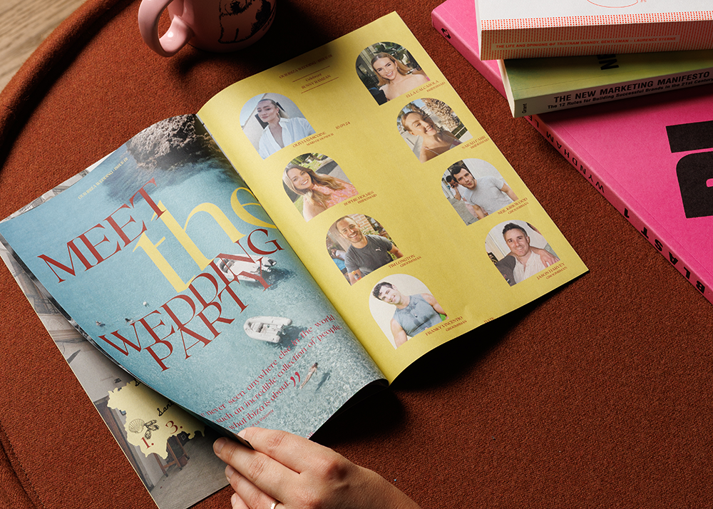 Spread from wedding zine with text 'Meet the wedding party' and photos of the bridesmaids and groomsmen