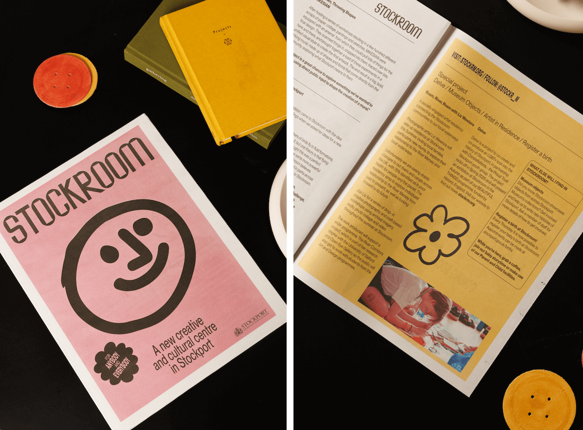Two views of Stockroom’s launch newspaper. Left: pink cover with smiley face. Right: yellow spread with listings.